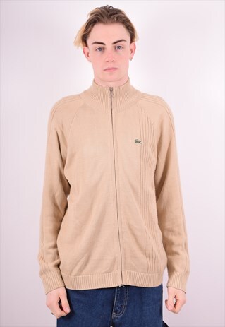 LACOSTE MENS VINTAGE CARDIGAN SWEATER MEDIUM BEIGE 90S