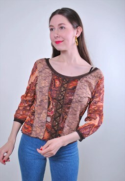 Women vintage brown boho blouse with flowers print 