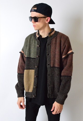 VINTAGE 80S COLOUR BLOCK WOOL KNIT GRUNGE CARDIGAN