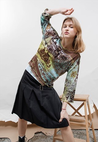 VINTAGE Y2K GRUNGE SEMI SHEER EASTERN PATTERN STITCH TOP L