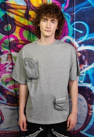 Cargo pocket t-shirt utility tee multi function top in grey