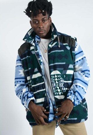 VINTAGE FLEECE GILET WITH ABSTRACT PATTERN.