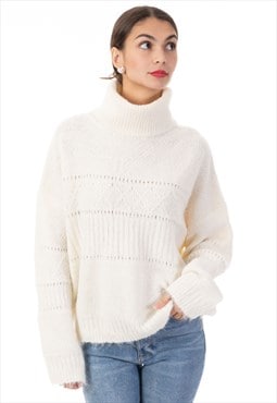 Relaxed-fit Roll- neck Jumper with open-work design in cream