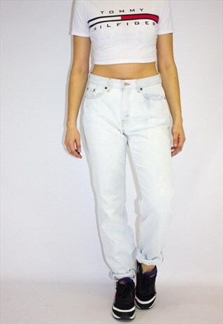 VINTAGE HIGH RISE BLEACHED WHITE / BLUE MOM JEANS