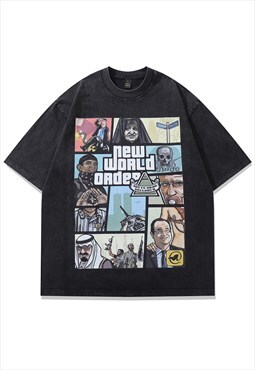 New world order t-shirt cartoon tee gangster top acid grey