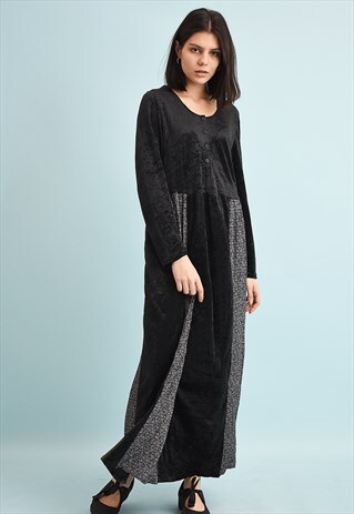 80'S RETRO VELVET FLORAL PRINT GRUNGE MAXI DRESS