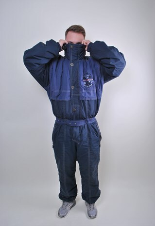 80S ONE PIECE BLUE MEN SKI SUIT, PLUS SIZE RETRO SNOW SUIT