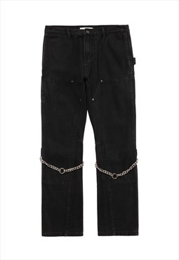 Chain jeans straight fit pocket imitation denim pants black