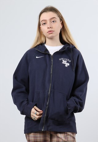 VINTAGE NIKE SMALL NAVY EMBROIDERED LOGO ZIPPED HOODIE