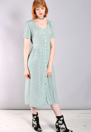 VINTAGE 80S MINT GREEN FLORAL BUTTON TIE BACK MIDI DRESS