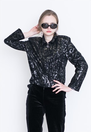 VINTAGE BLACK SHINY PATTERNED LONG SLEEVE RETRO SHIRT