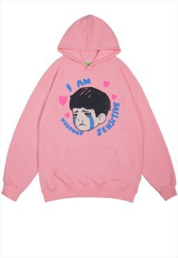 EMO hoodie cry boy pullover Anime patch top in pink