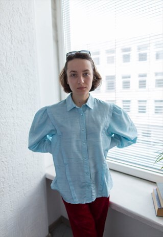 VINTAGE 70'S BLUE PUFF SLEEVE BLOUSE