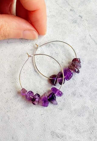 AMETHYST GEM STONE HOOP EARRINGS