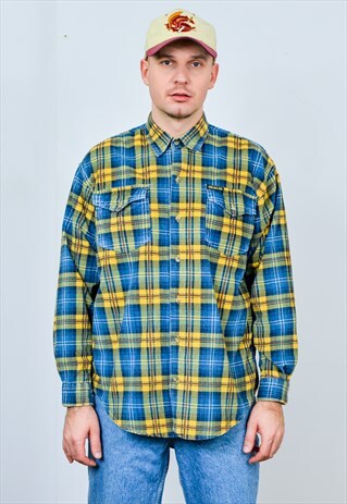 CHECKERED CORDUROY SHIRT BLUE YELLOW VINTAGE 90S COTTON L