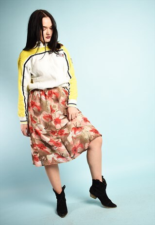 VINTAGE 80S ABSTRACT FLORAL PATTERN PRINT MIDI SKIRT