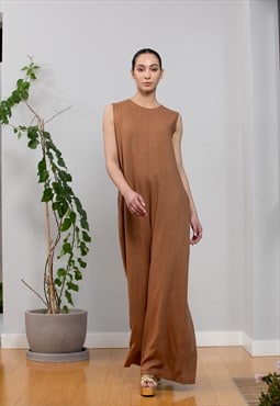 Brown Linen jumpsuit, Loose linen Overall