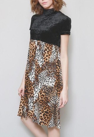 VINTAGE 1990'S VELVET & LEOPARD PRINT MINI DRESS