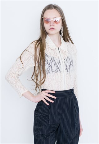 VINTAGE WHITE FLORAL SEE THROUGH ZIPPED LONG SLEEVE BLOUSE