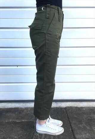 WOMENS VINTAGE KHAKI GREEN ARMY MILITARY HIGH WAIST TROUSERS