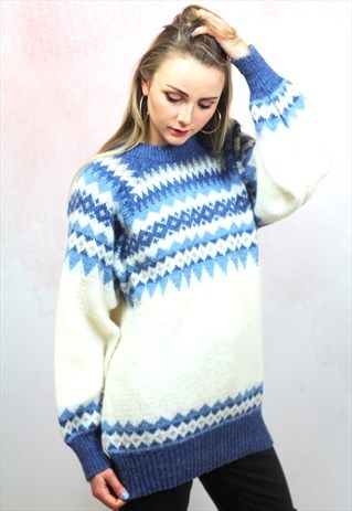 1980S VINTAGE LIGHT BLUE ICELANDIC WOOL KNIT JUMPER