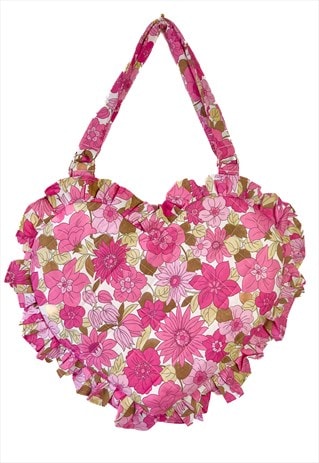 PINK FLORAL RUFFLE HEART TOTE BAG