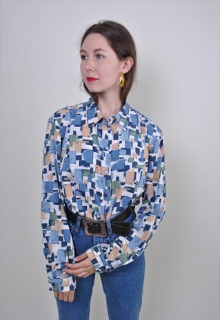 90S MULTICOLOR PARTY BLOUSE, VINTAGE PATTERN COLORFUL SHIRT