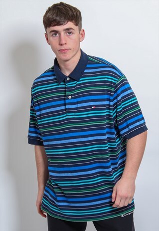 VINTAGE TOMMY HILFIGER STRIPED POLO SHIRT IN BLUE & GREEN XL