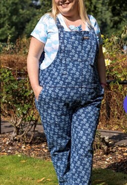 Retro blue denim flower relaxed fit dungarees 
