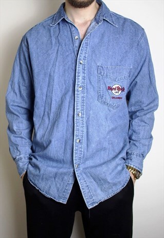 VINTAGE HARD ROCK CAFE DENIM SHIRT EMBROIDERED MENS SMALL