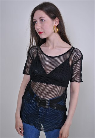 90S BLACK GRID RAVE BLOUSE, SIZE S