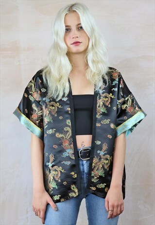 KIMONO IN BLACK SATIN WITH CHINESE DRAGON EMBROIDERY