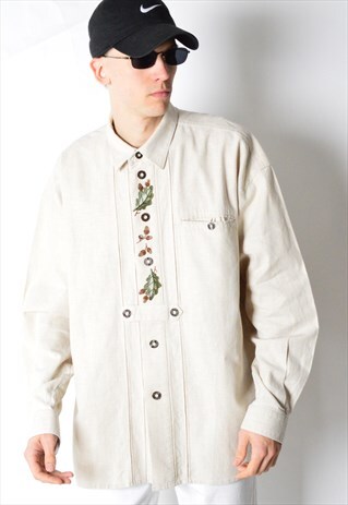 VINTAGE 90S BEIGE LINEN BLEND EMBROIDERED LONG SLEEVE SHIRT