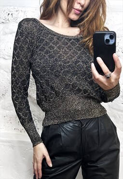 Gold Glossy crop Knit Top / Blouse - Small