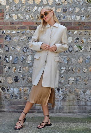 Vintage Y2K Leather Trench Coat in Cream