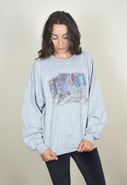 90s Vintage Grey Cosy Home Fires Printed Sweatshirt