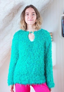 Brigt green and blue fluffy knitted vintage jumper