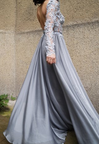 EVENING LACE DRESS CHIFFON BACKLESS HANDCRAFTED PROM F1584