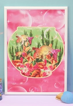 Fish Bowl Green Pink Bubbles A4 Print