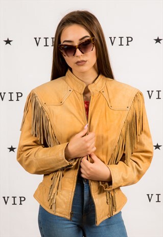 VINTAGE CAMEL COLOURED TASSEL FRINGED LEATHER JACKET WILSONS