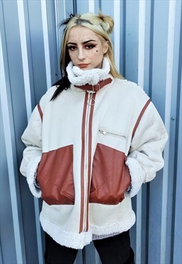 Roll neck fleece biker jacket faux fur retro bomber in cream