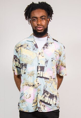 90'S VINTAGE BLUE HAWAIIAN PALM TREE SHIRT