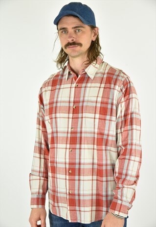 VINTAGE 90'S WRANGLER ORANGE PLAID BUTTON DOWN SHIRT SIZE LG