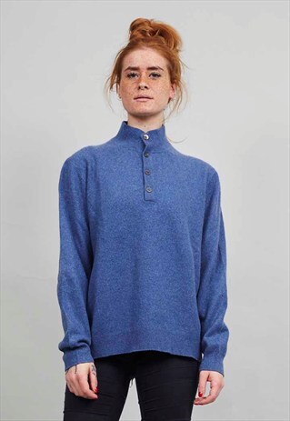 VINTAGE BLUE BUTTON UP TURTLE NECK CASHMERE JUMPER