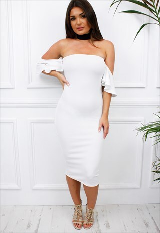 WHITE STRAPLESS BARDOT FRILL SLEEVE MIDI BODYCON DRESS