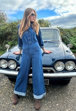 Vintage 70's Ladies Blue Flared  Denim Boilersuit Jumpsuit