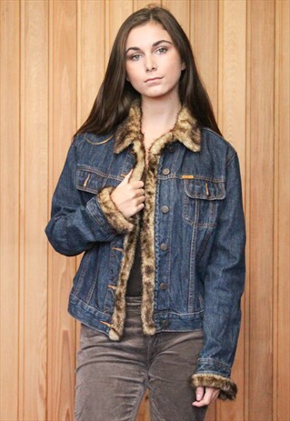 VINTAGE 1990S FUR COLLAR DARK BLUE DENIM JACKET