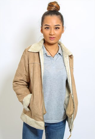 VINTAGE SHEARLING COAT JACKET IN BEIGE WITH FAUX FUR S/M
