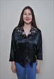 VINTAGE BLACK BLOUSE, FLOWERS EMBROIDERY BUTTON UP SHIRT 