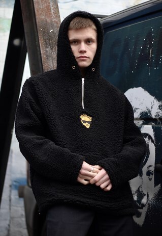 BLACK ARABIC SHERPA 1/4 ZIP FLEECE HOODIE